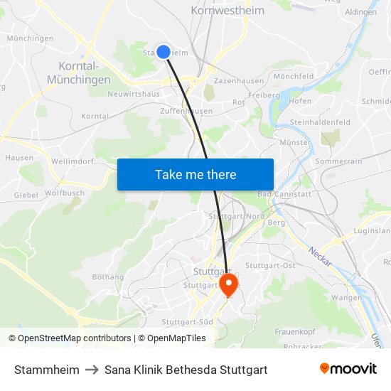 Stammheim to Sana Klinik Bethesda Stuttgart map