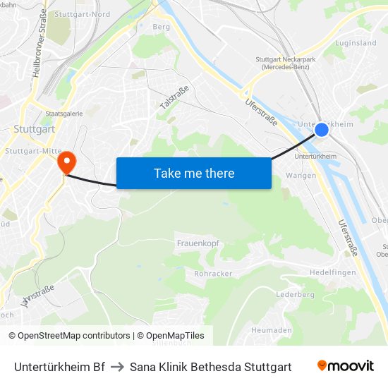 Untertürkheim Bf to Sana Klinik Bethesda Stuttgart map