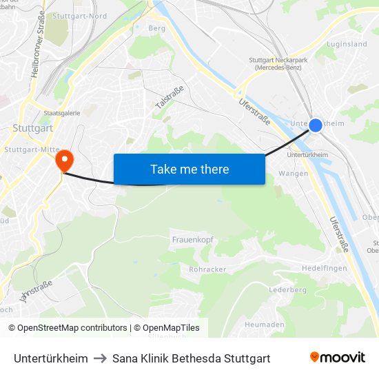 Untertürkheim to Sana Klinik Bethesda Stuttgart map