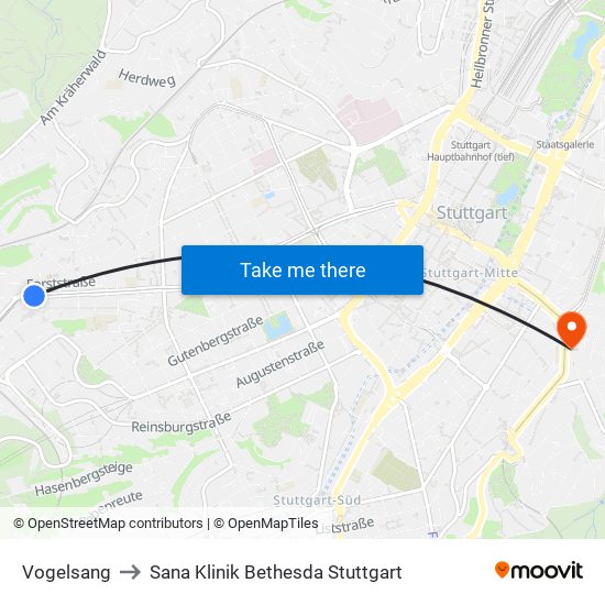 Vogelsang to Sana Klinik Bethesda Stuttgart map