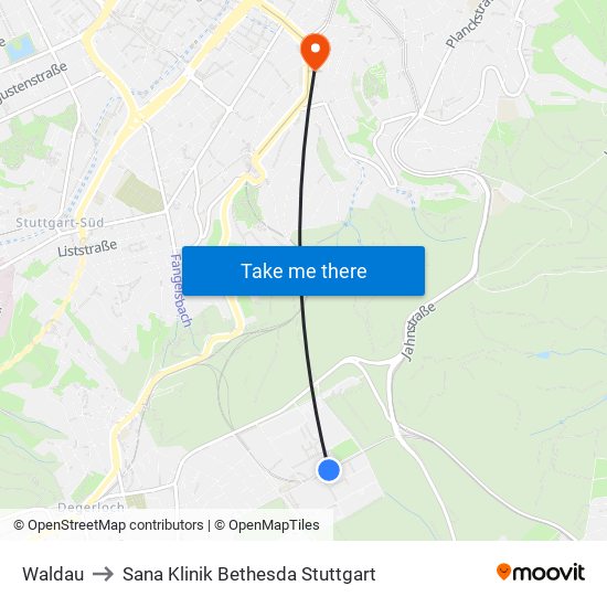 Waldau to Sana Klinik Bethesda Stuttgart map