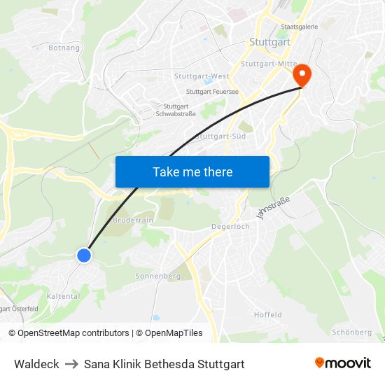 Waldeck to Sana Klinik Bethesda Stuttgart map