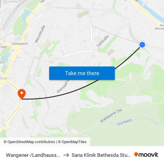 Wangener-/Landhausstraße to Sana Klinik Bethesda Stuttgart map