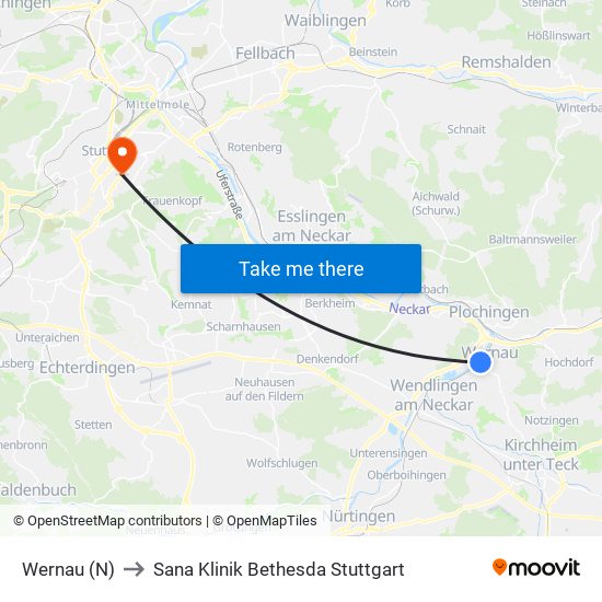 Wernau (N) to Sana Klinik Bethesda Stuttgart map