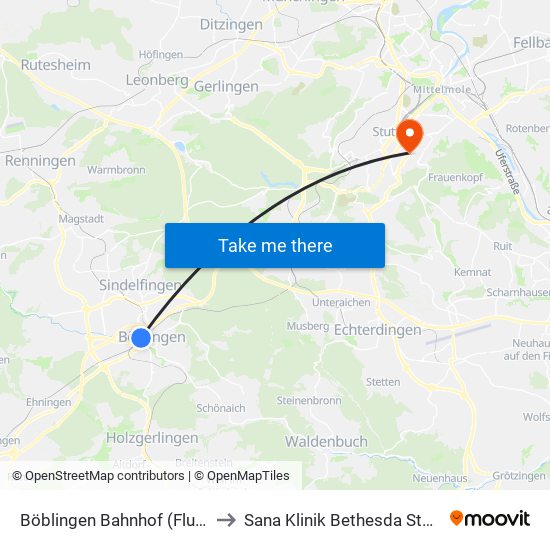 Böblingen Bahnhof (Flugfeld) to Sana Klinik Bethesda Stuttgart map