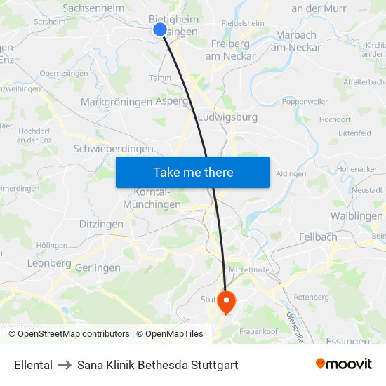 Ellental to Sana Klinik Bethesda Stuttgart map