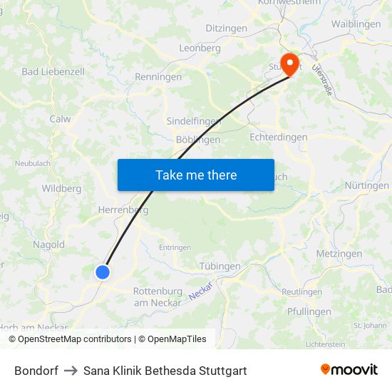 Bondorf to Sana Klinik Bethesda Stuttgart map