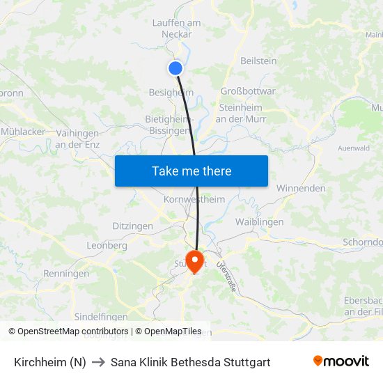 Kirchheim (N) to Sana Klinik Bethesda Stuttgart map