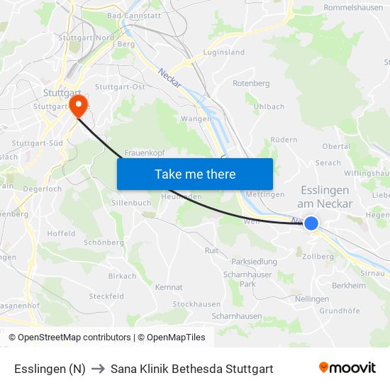 Esslingen (N) to Sana Klinik Bethesda Stuttgart map