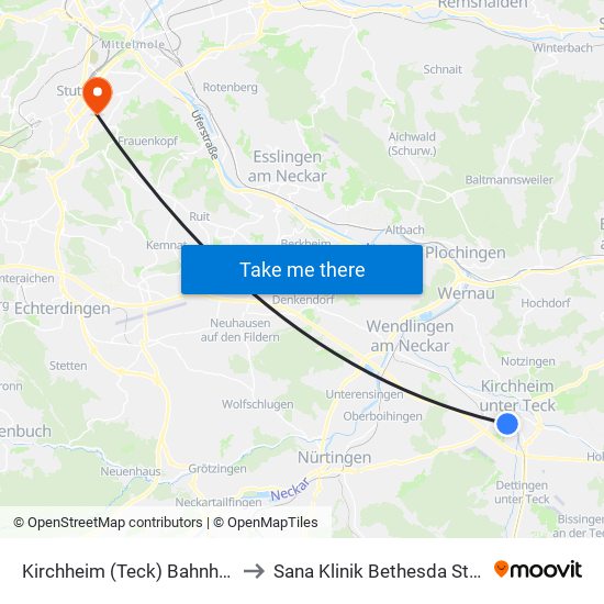 Kirchheim (Teck) Bahnhof/Zob to Sana Klinik Bethesda Stuttgart map