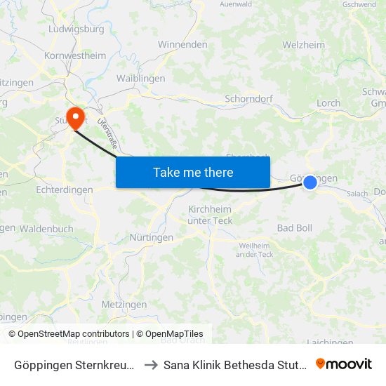 Göppingen Sternkreuzung to Sana Klinik Bethesda Stuttgart map
