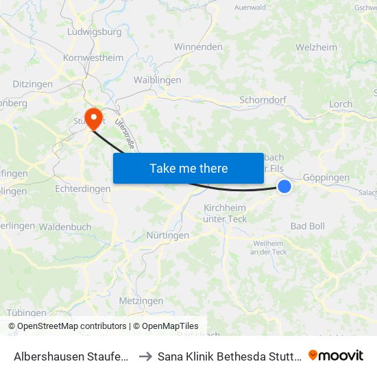 Albershausen Staufenstr. to Sana Klinik Bethesda Stuttgart map