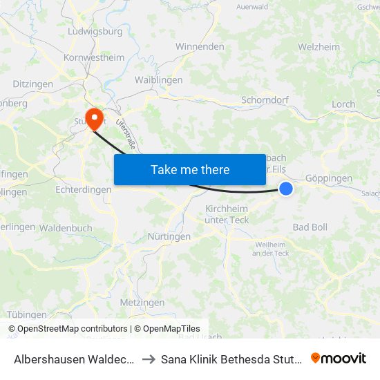 Albershausen Waldeckstr. to Sana Klinik Bethesda Stuttgart map