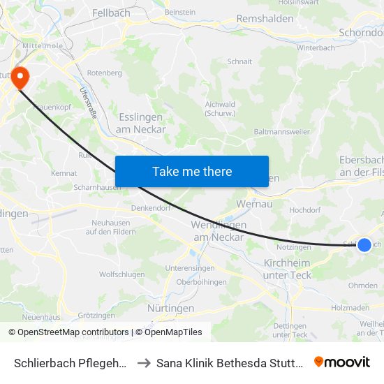 Schlierbach Pflegeheim to Sana Klinik Bethesda Stuttgart map