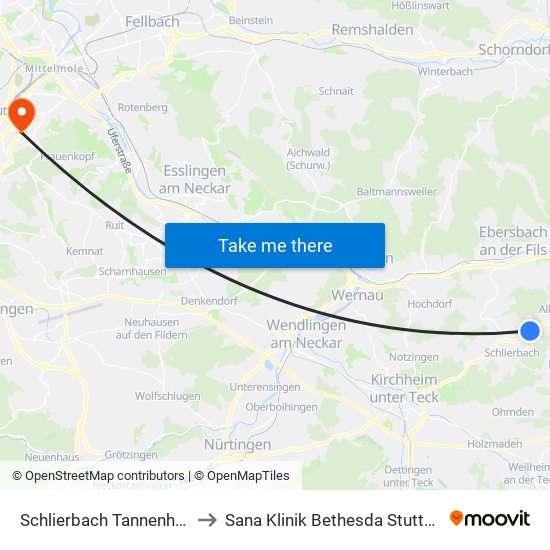 Schlierbach Tannenhöfe to Sana Klinik Bethesda Stuttgart map