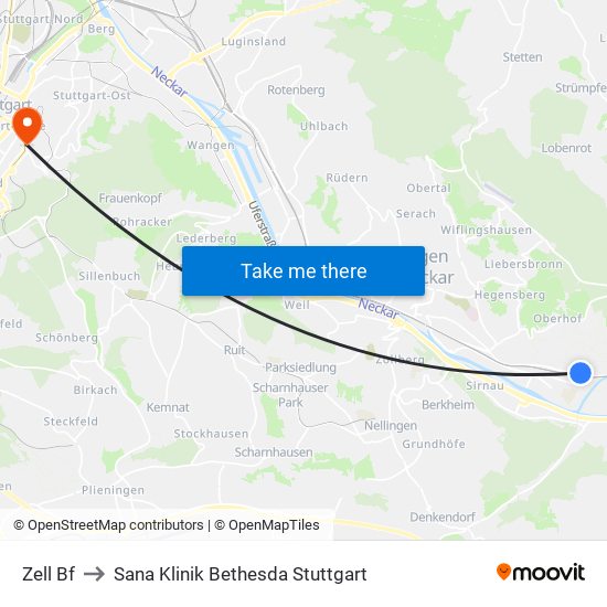 Zell Bf to Sana Klinik Bethesda Stuttgart map