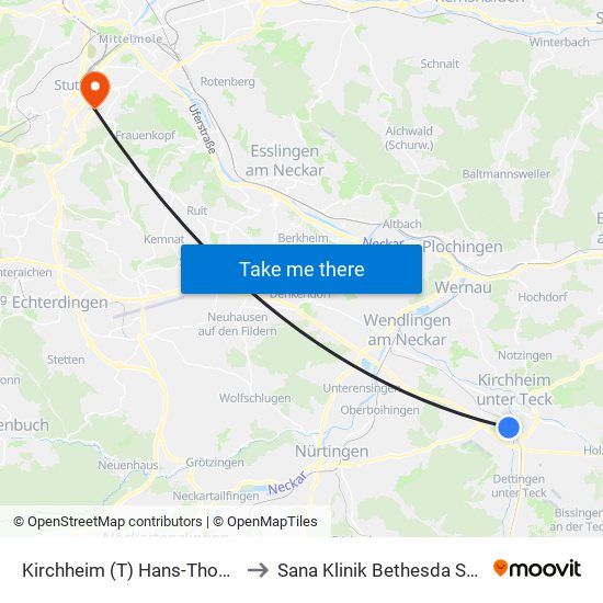 Kirchheim (T) Hans-Thoma-Weg to Sana Klinik Bethesda Stuttgart map