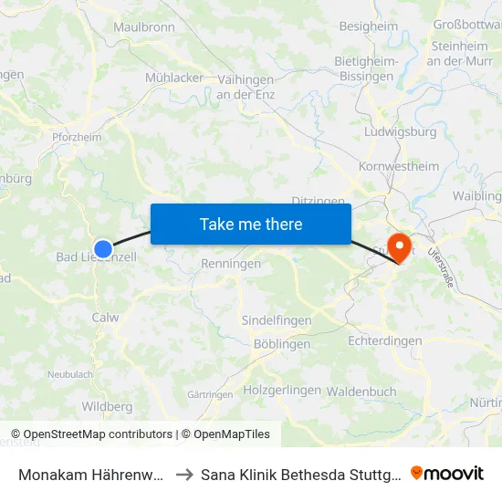 Monakam Hährenwald to Sana Klinik Bethesda Stuttgart map