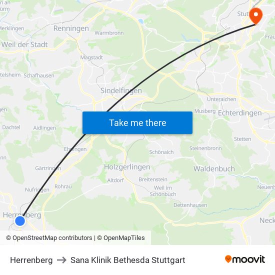 Herrenberg to Sana Klinik Bethesda Stuttgart map