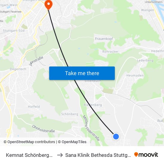 Kemnat Schönbergstr. to Sana Klinik Bethesda Stuttgart map