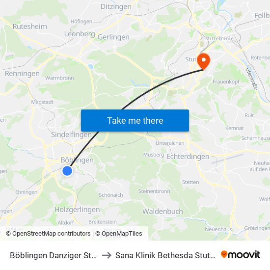 Böblingen Danziger Straße to Sana Klinik Bethesda Stuttgart map