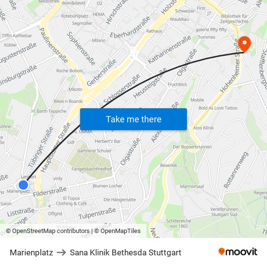 Marienplatz to Sana Klinik Bethesda Stuttgart map