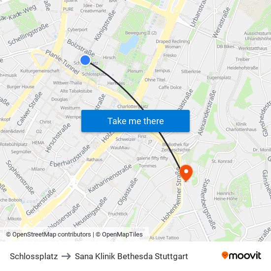 Schlossplatz to Sana Klinik Bethesda Stuttgart map