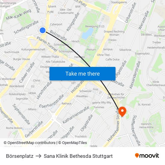 Börsenplatz to Sana Klinik Bethesda Stuttgart map