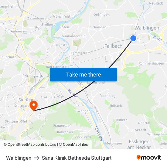 Waiblingen to Sana Klinik Bethesda Stuttgart map