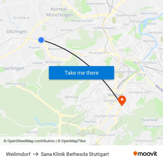 Weilimdorf to Sana Klinik Bethesda Stuttgart map