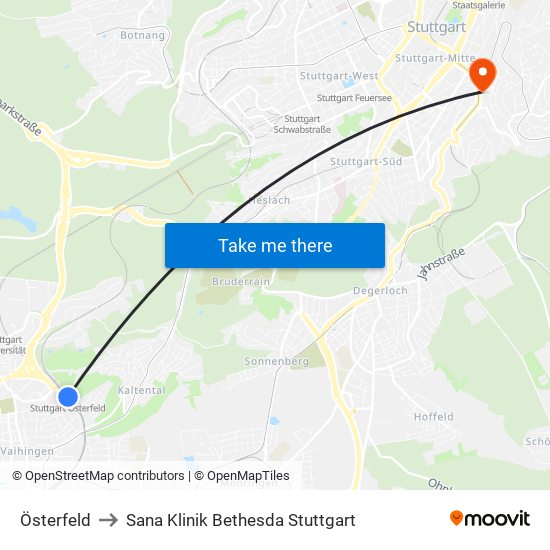 Österfeld to Sana Klinik Bethesda Stuttgart map