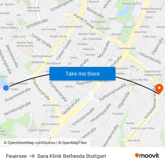 Feuersee to Sana Klinik Bethesda Stuttgart map