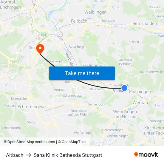 Altbach to Sana Klinik Bethesda Stuttgart map