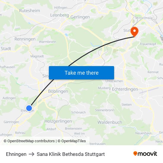 Ehningen to Sana Klinik Bethesda Stuttgart map