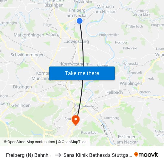 Freiberg (N) Bahnhof to Sana Klinik Bethesda Stuttgart map