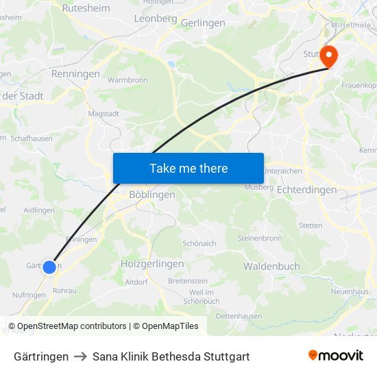 Gärtringen to Sana Klinik Bethesda Stuttgart map