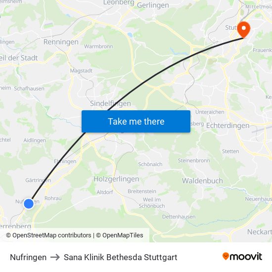 Nufringen to Sana Klinik Bethesda Stuttgart map