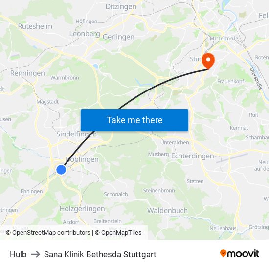 Hulb to Sana Klinik Bethesda Stuttgart map