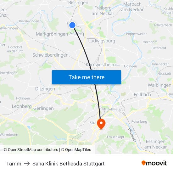 Tamm to Sana Klinik Bethesda Stuttgart map