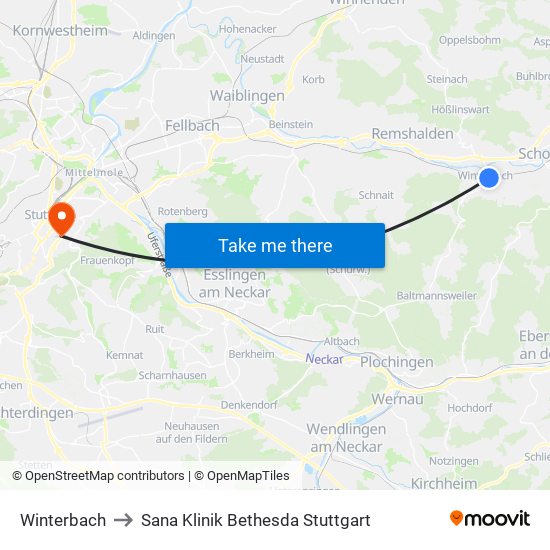 Winterbach to Sana Klinik Bethesda Stuttgart map