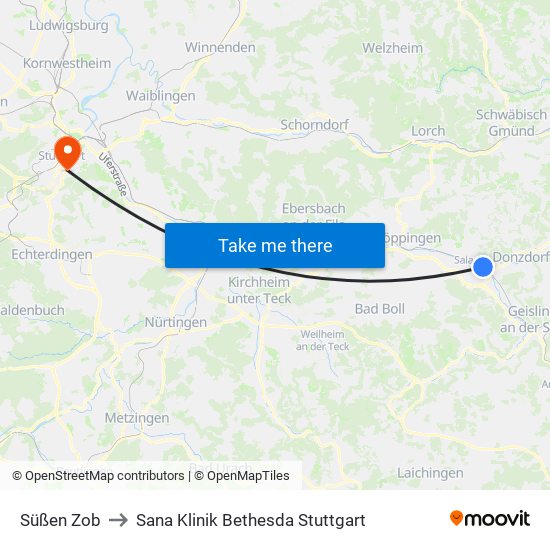 Süßen Zob to Sana Klinik Bethesda Stuttgart map