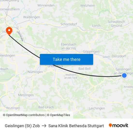 Geislingen (St) Zob to Sana Klinik Bethesda Stuttgart map