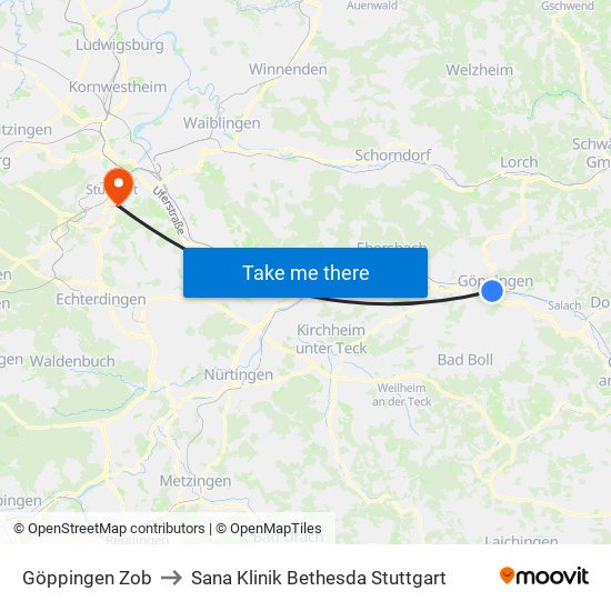 Göppingen Zob to Sana Klinik Bethesda Stuttgart map
