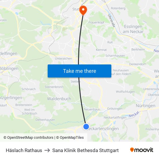 Häslach Rathaus to Sana Klinik Bethesda Stuttgart map