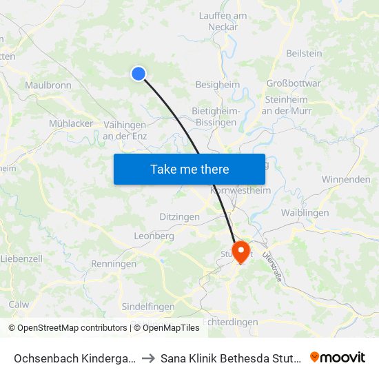 Ochsenbach Kindergarten to Sana Klinik Bethesda Stuttgart map