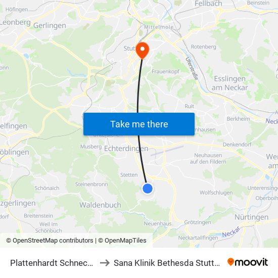 Plattenhardt Schnecken to Sana Klinik Bethesda Stuttgart map