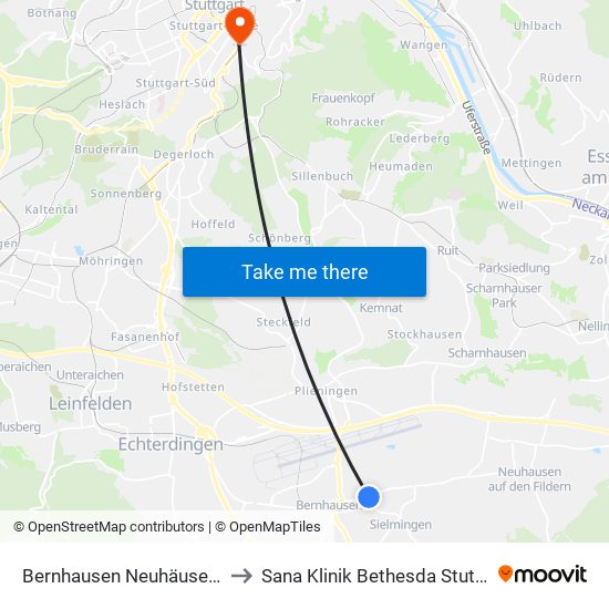 Bernhausen Neuhäuser Str. to Sana Klinik Bethesda Stuttgart map
