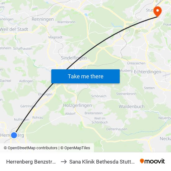 Herrenberg Benzstraße to Sana Klinik Bethesda Stuttgart map