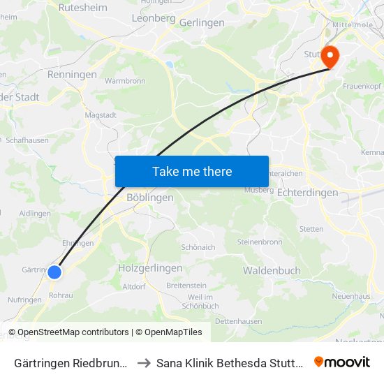 Gärtringen Riedbrunnen to Sana Klinik Bethesda Stuttgart map