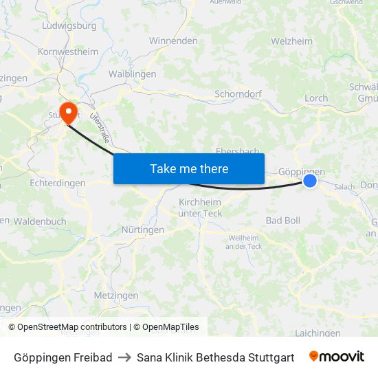 Göppingen Freibad to Sana Klinik Bethesda Stuttgart map